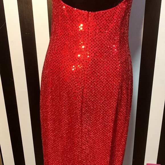 Sexy Retro Vintage 90s Red Sequin Floor Length Formal Gown Halter Neck Leg Slit - Picture 11 of 16